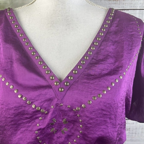 Laundry Shelli Segal Dress Small Purple Sequins Boho Floral Embroidery Knee - Picture 5 of 14